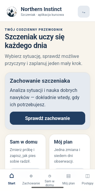 Ekran aplikacji Northen Instinct: zachowanie szczeniaka, sam w domu, mój plan i postępy